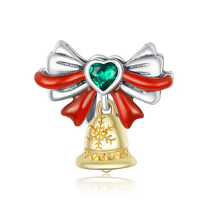 Christmas Bell Enamel Sterling Silver CZ Bead Charm Pendant Bracelet Necklace