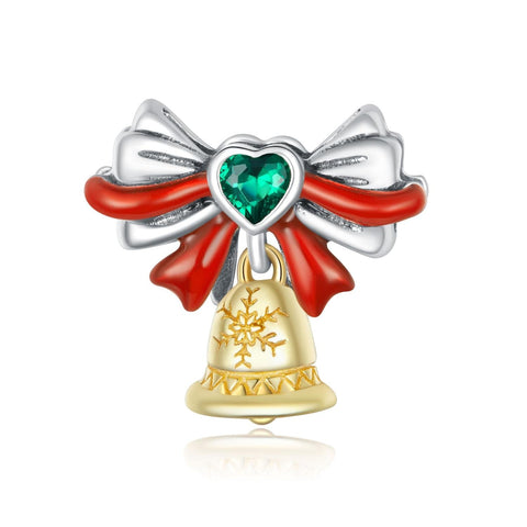 Christmas Bell Enamel Sterling Silver CZ Bead Charm Pendant Bracelet Necklace