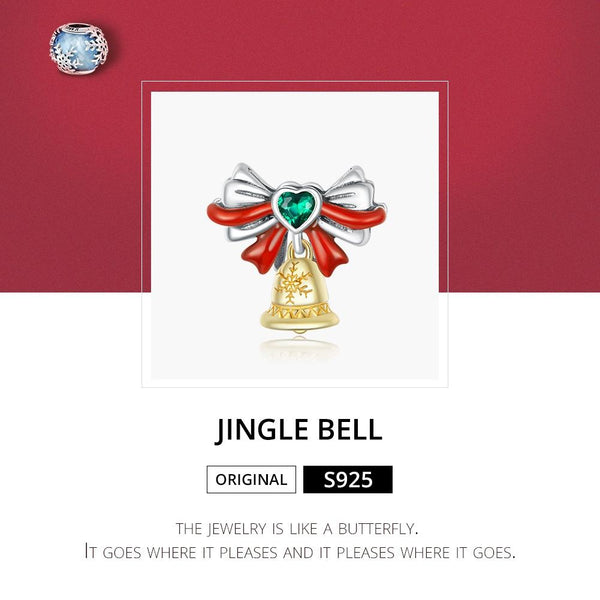 Christmas Bell Enamel Sterling Silver CZ Bead Charm Pendant Bracelet Necklace