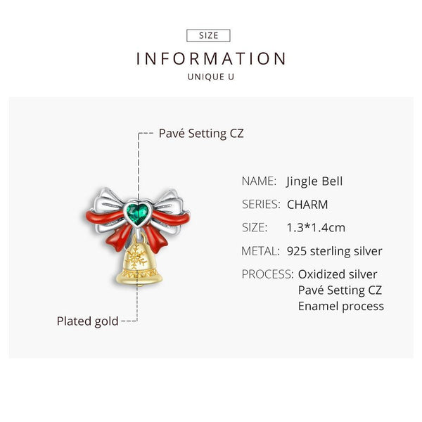 Christmas Bell Enamel Sterling Silver CZ Bead Charm Pendant Bracelet Necklace