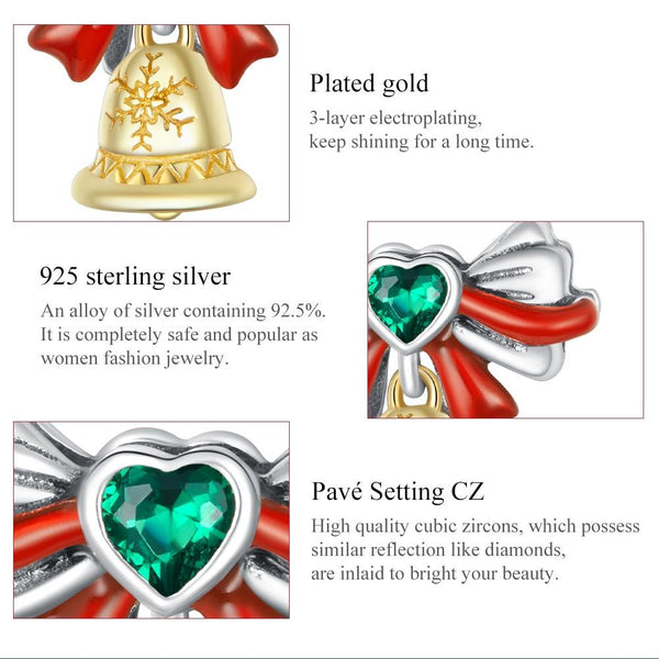 Christmas Bell Enamel Sterling Silver CZ Bead Charm Pendant Bracelet Necklace