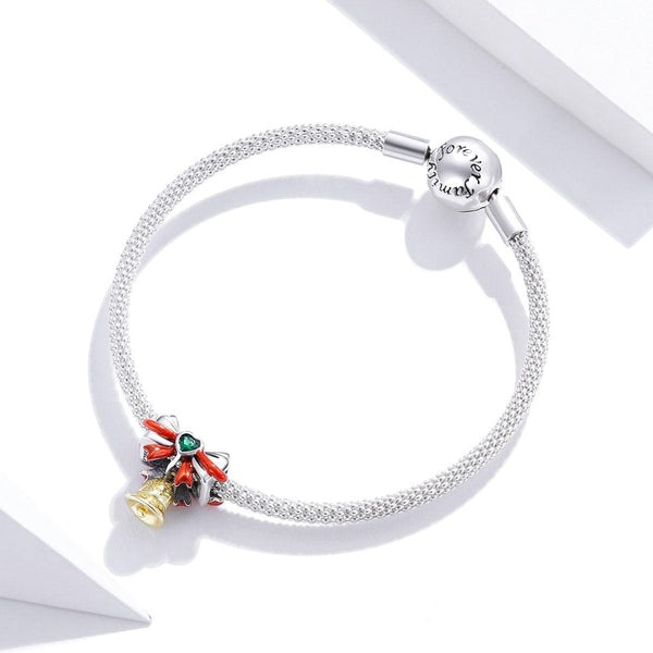 Christmas Bell Enamel Sterling Silver CZ Bead Charm Pendant Bracelet Necklace