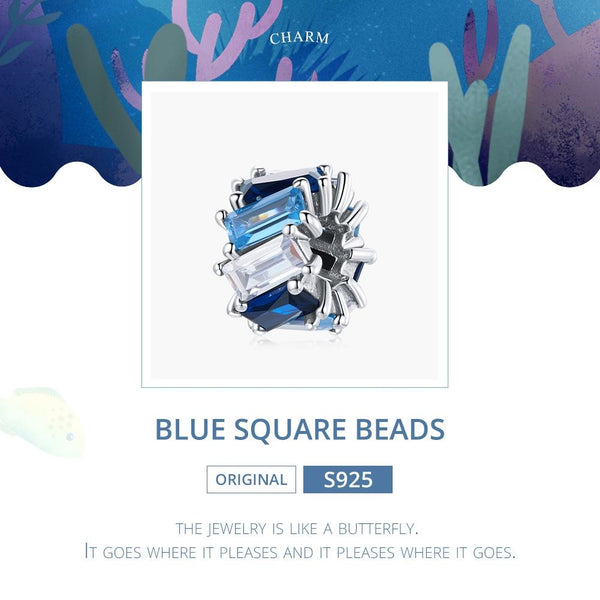 Clear Blue Square Cut CZ Sterling Silver Spacer Bead Charm Bracelet Necklace