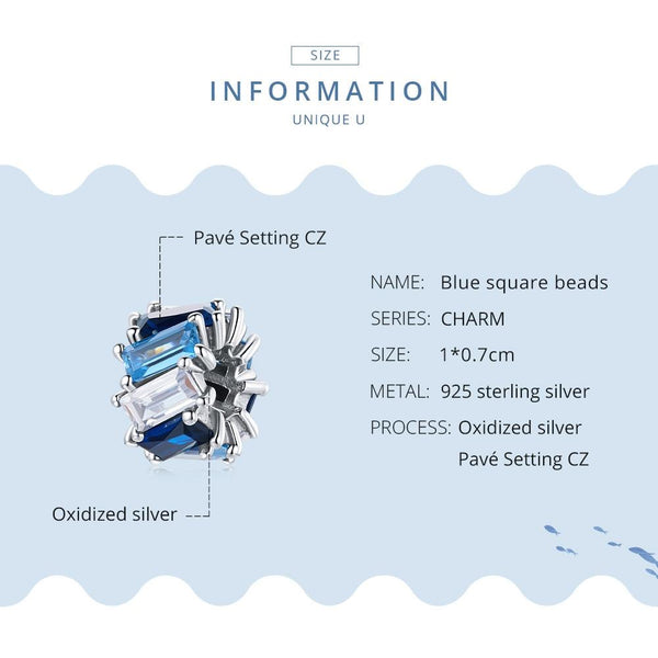 Clear Blue Square Cut CZ Sterling Silver Spacer Bead Charm Bracelet Necklace