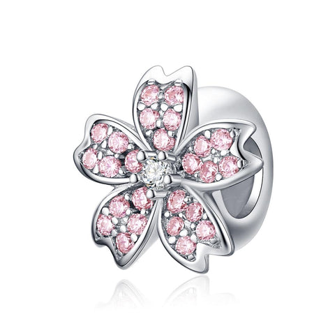 Pink Flower Platinum Plated Sterling Silver Zircon CZ Bead Charm Bracelet Necklace