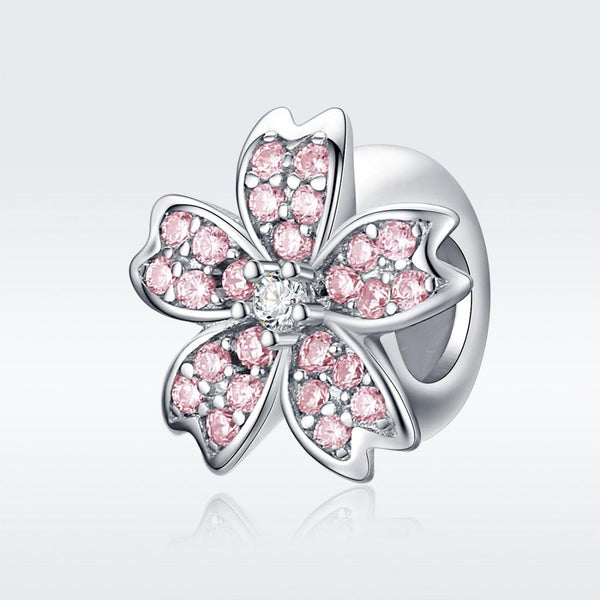 Pink Flower Platinum Plated Sterling Silver Zircon CZ Bead Charm Bracelet Necklace