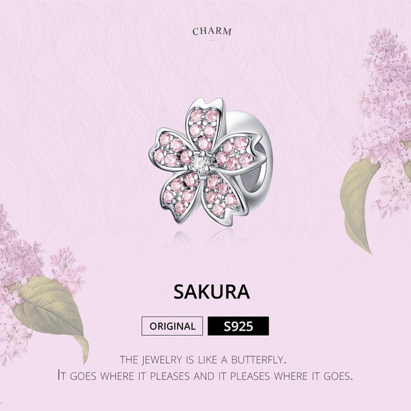 Pink Flower Platinum Plated Sterling Silver Zircon CZ Bead Charm Bracelet Necklace