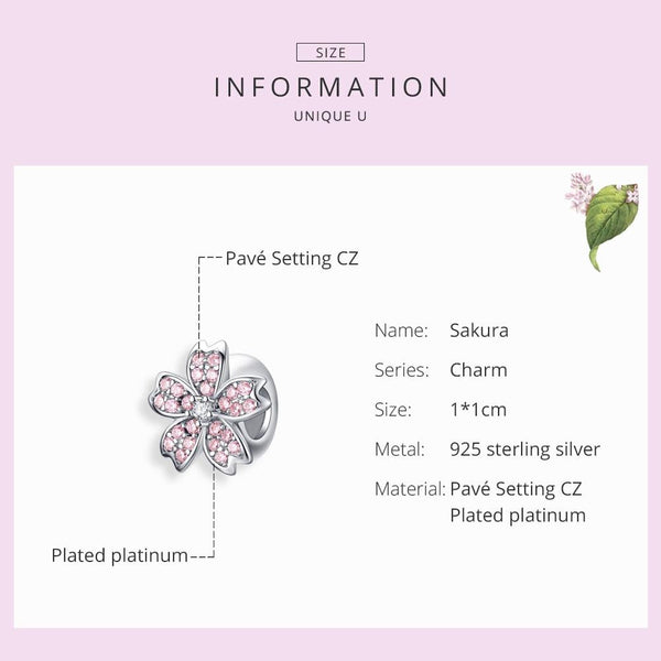 Pink Flower Platinum Plated Sterling Silver Zircon CZ Bead Charm Bracelet Necklace