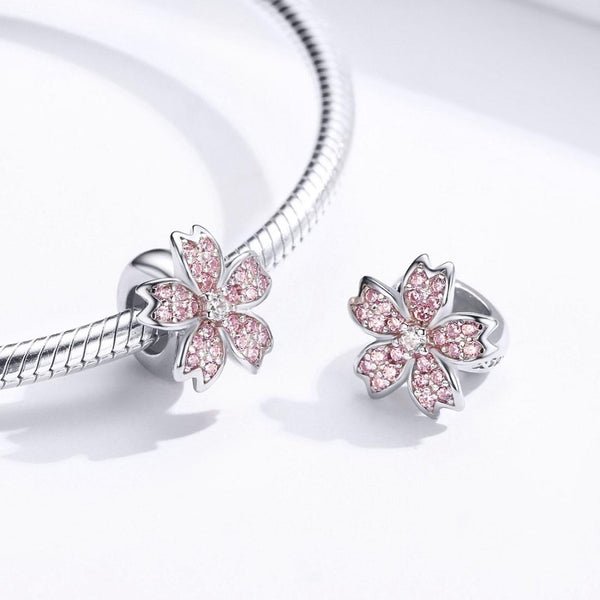 Pink Flower Platinum Plated Sterling Silver Zircon CZ Bead Charm Bracelet Necklace
