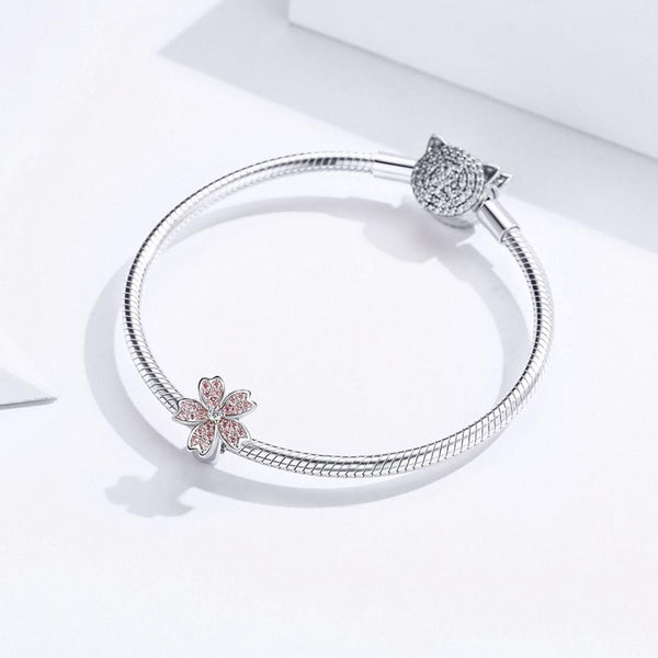 Pink Flower Platinum Plated Sterling Silver Zircon CZ Bead Charm Bracelet Necklace