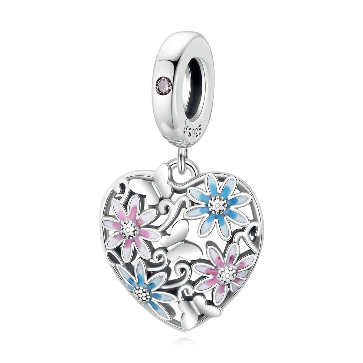 Pink Blue Flower Heart Enamel Sterling Silver Zircon CZ Bead Charm Bracelet Necklace