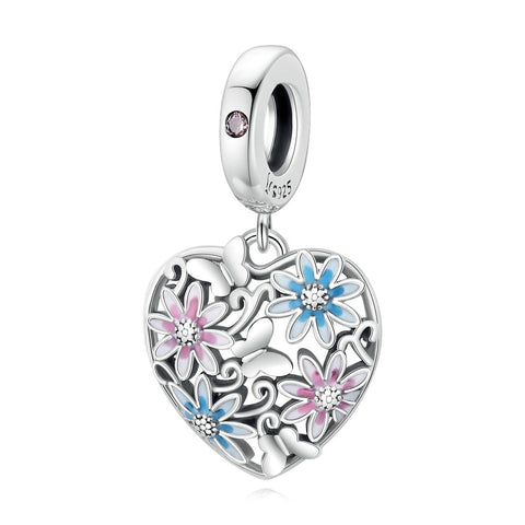 Pink Blue Flower Heart Enamel Sterling Silver Zircon CZ Bead Charm Bracelet Necklace
