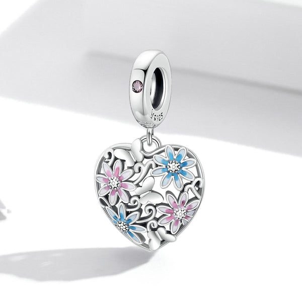 Pink Blue Flower Heart Enamel Sterling Silver Zircon CZ Bead Charm Bracelet Necklace