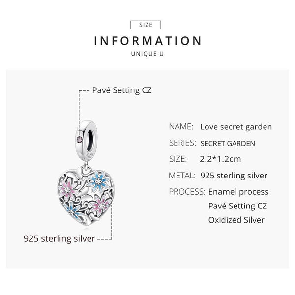 Pink Blue Flower Heart Enamel Sterling Silver Zircon CZ Bead Charm Bracelet Necklace