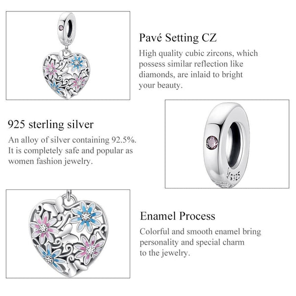Pink Blue Flower Heart Enamel Sterling Silver Zircon CZ Bead Charm Bracelet Necklace