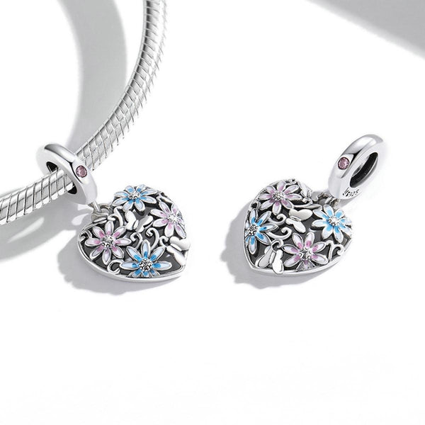 Pink Blue Flower Heart Enamel Sterling Silver Zircon CZ Bead Charm Bracelet Necklace