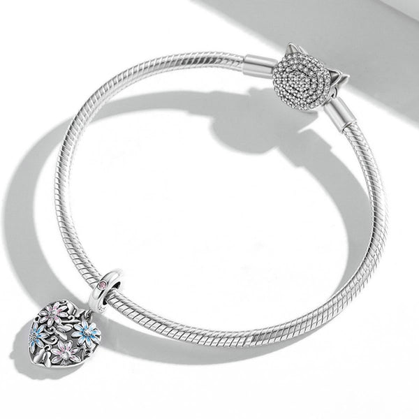 Pink Blue Flower Heart Enamel Sterling Silver Zircon CZ Bead Charm Bracelet Necklace