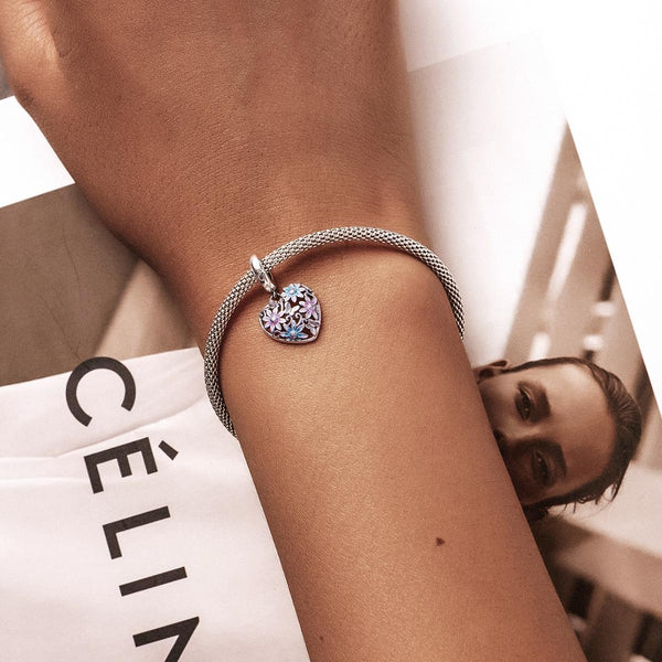 Pink Blue Flower Heart Enamel Sterling Silver Zircon CZ Bead Charm Bracelet Necklace
