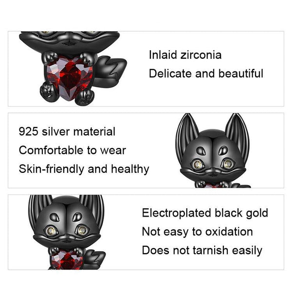 Black Fox Red Heart Sterling Silver Zircon CZ Bead Charm Bracelet Necklace