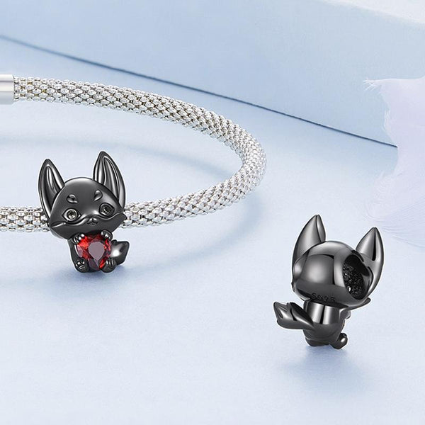 Black Fox Red Heart Sterling Silver Zircon CZ Bead Charm Bracelet Necklace