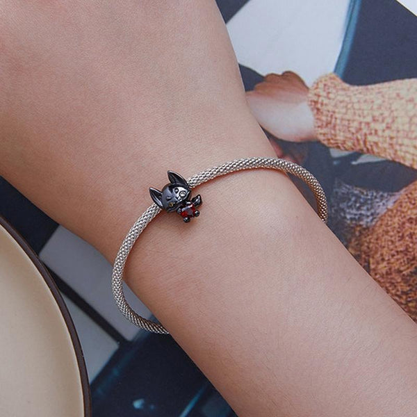 Black Fox Red Heart Sterling Silver Zircon CZ Bead Charm Bracelet Necklace
