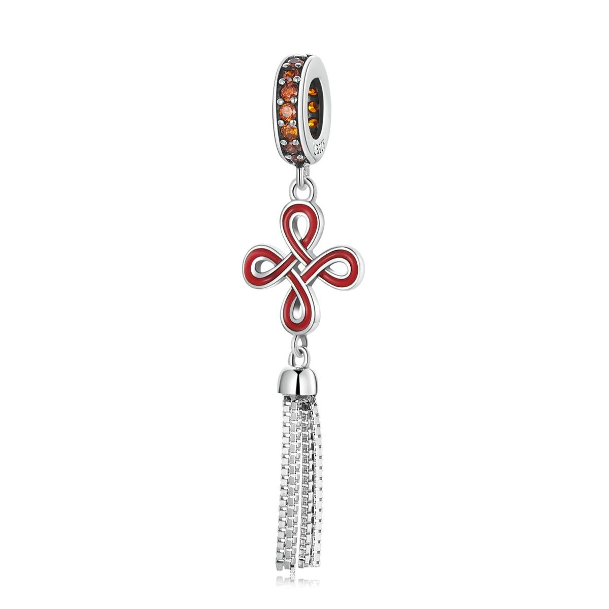 Red Celtic Chinese Knot Tassel Enamel Sterling Silver CZ Bead Charm Bracelet Necklace