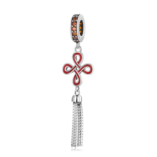 Red Celtic Chinese Knot Tassel Enamel Sterling Silver CZ Bead Charm Bracelet Necklace