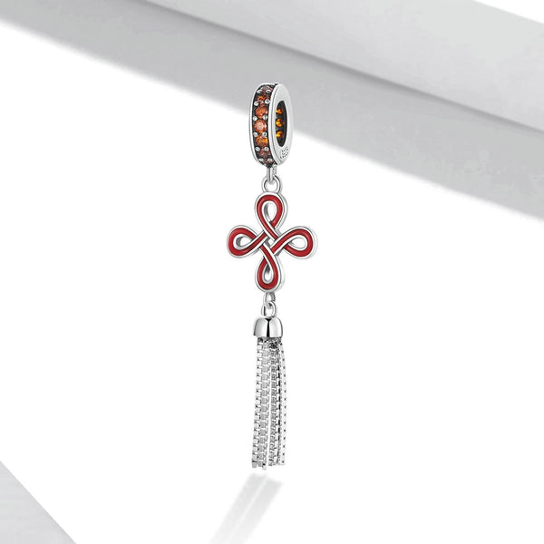 Red Celtic Chinese Knot Tassel Enamel Sterling Silver CZ Bead Charm Bracelet Necklace