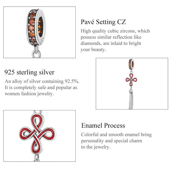 Red Celtic Chinese Knot Tassel Enamel Sterling Silver CZ Bead Charm Bracelet Necklace