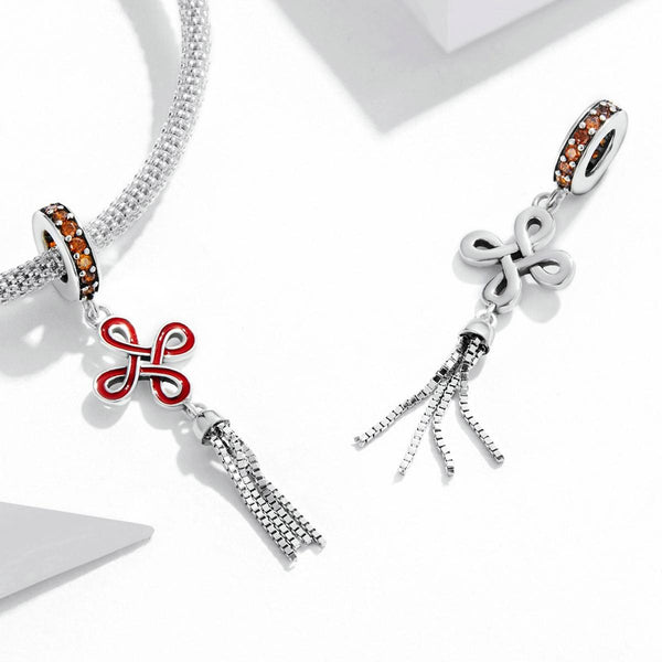 Red Celtic Chinese Knot Tassel Enamel Sterling Silver CZ Bead Charm Bracelet Necklace