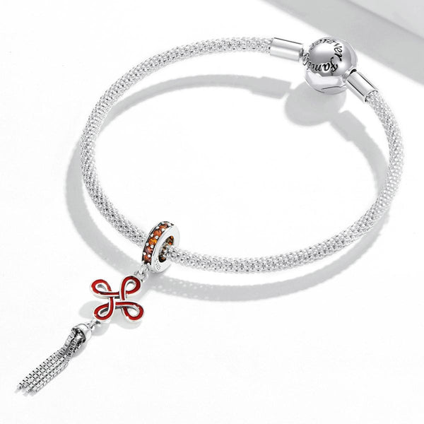 Red Celtic Chinese Knot Tassel Enamel Sterling Silver CZ Bead Charm Bracelet Necklace