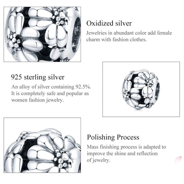 Daisies Sterling Silver Spacer Bead Charm Pendant Bracelet Necklace