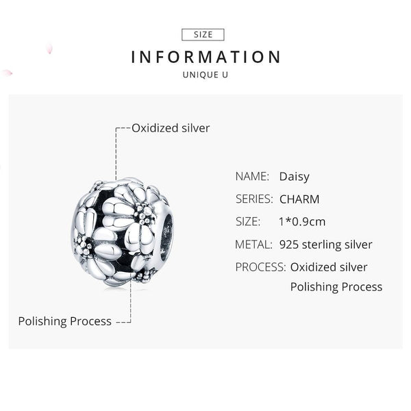 Daisies Sterling Silver Spacer Bead Charm Pendant Bracelet Necklace