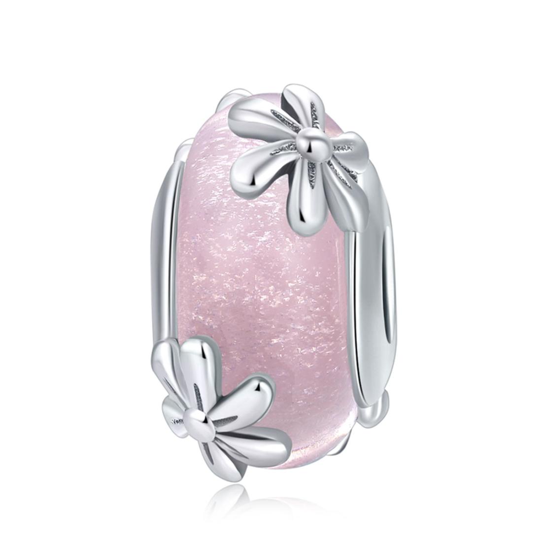 Flowers Floral Pink Glass Sterling Silver Spacer Bead Charm Bracelet Necklace