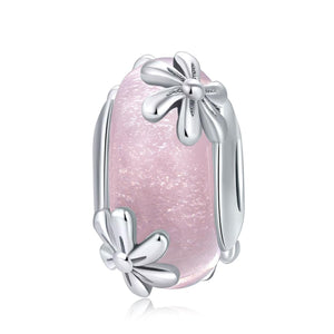 Flowers Floral Pink Glass Sterling Silver Spacer Bead Charm Bracelet Necklace