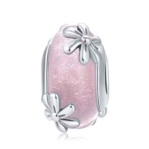Flowers Floral Pink Glass Sterling Silver Spacer Bead Charm Bracelet Necklace