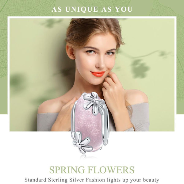 Flowers Floral Pink Glass Sterling Silver Spacer Bead Charm Bracelet Necklace