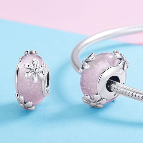Flowers Floral Pink Glass Sterling Silver Spacer Bead Charm Bracelet Necklace