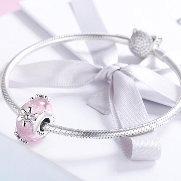 Flowers Floral Pink Glass Sterling Silver Spacer Bead Charm Bracelet Necklace