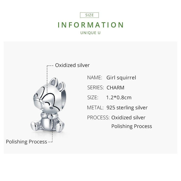 Squirrel Sterling Silver Bead Charm Pendant Bracelet Necklace