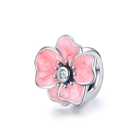 Pink Flower Enamel Sterling Silver CZ Bead Charm Pendant Bracelet Necklace