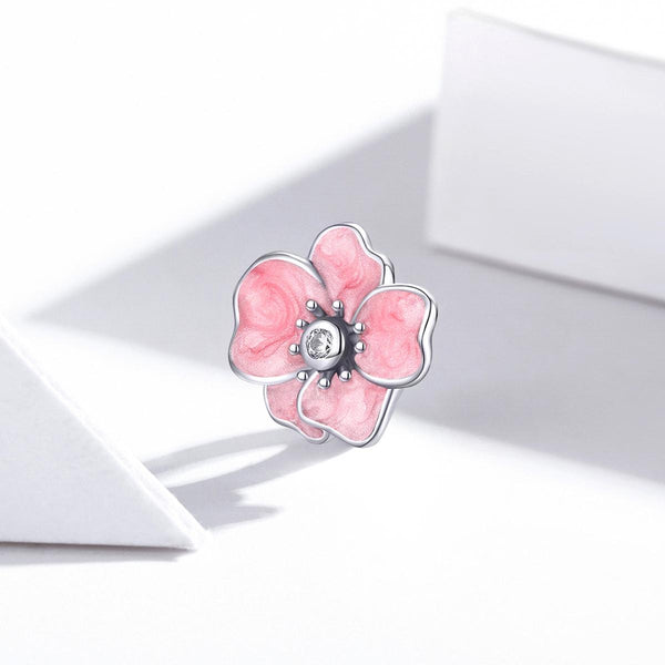 Pink Flower Enamel Sterling Silver CZ Bead Charm Pendant Bracelet Necklace