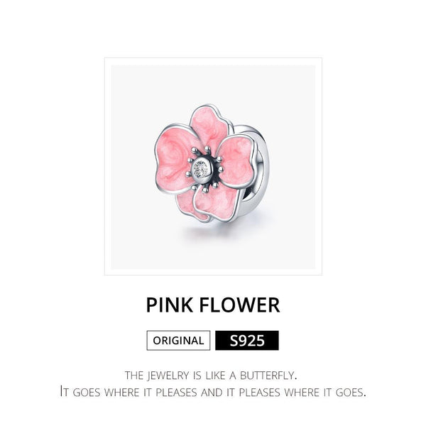 Pink Flower Enamel Sterling Silver CZ Bead Charm Pendant Bracelet Necklace