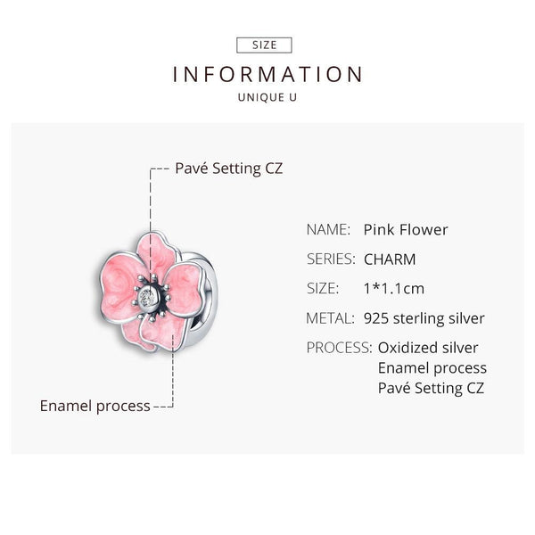 Pink Flower Enamel Sterling Silver CZ Bead Charm Pendant Bracelet Necklace