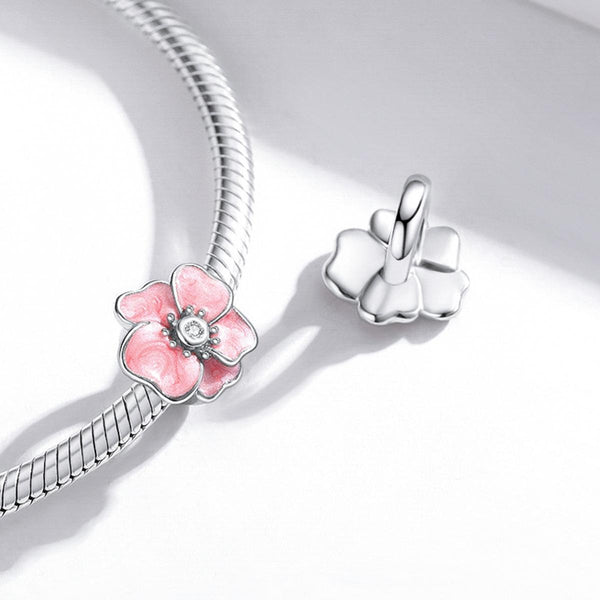 Pink Flower Enamel Sterling Silver CZ Bead Charm Pendant Bracelet Necklace