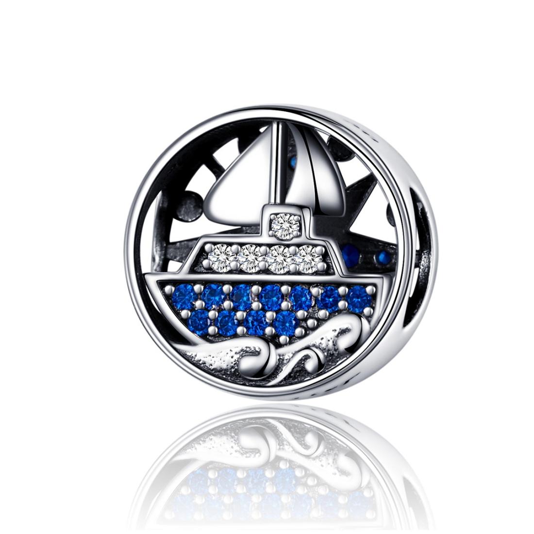 Sailing Yacht Boat Ship Sterling Silver Ziron CZ Bead Charm Bracelet Necklace