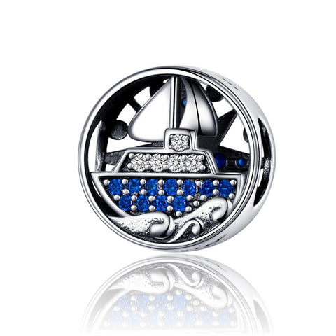 Sailing Yacht Boat Ship Sterling Silver Ziron CZ Bead Charm Bracelet Necklace
