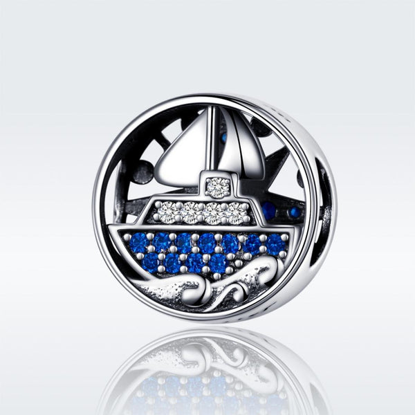 Sailing Yacht Boat Ship Sterling Silver Ziron CZ Bead Charm Bracelet Necklace