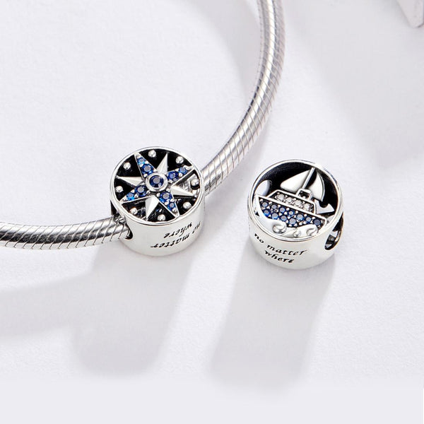 Sailing Yacht Boat Ship Sterling Silver Ziron CZ Bead Charm Bracelet Necklace