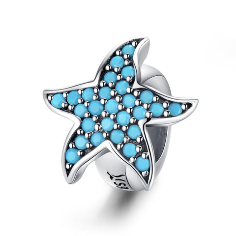 Blue Starfish Sterling Silver Zircon CZ Bead Charm Pendant Bracelet Necklace